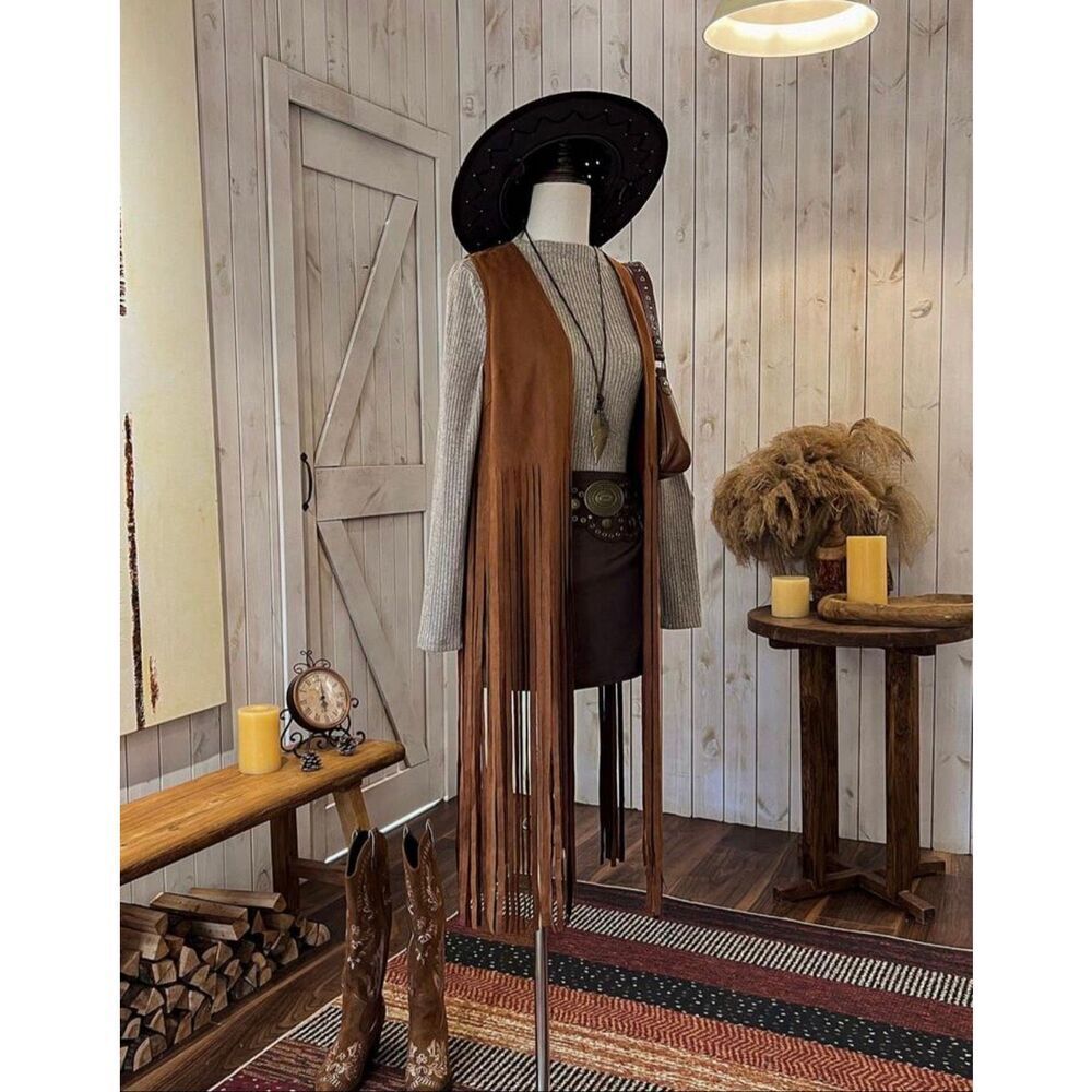 SHEIN LUNE Autumn/Winter Sleeveless Long camel tan Fringe Boho Style Casual Jack - Picture 5 of 8